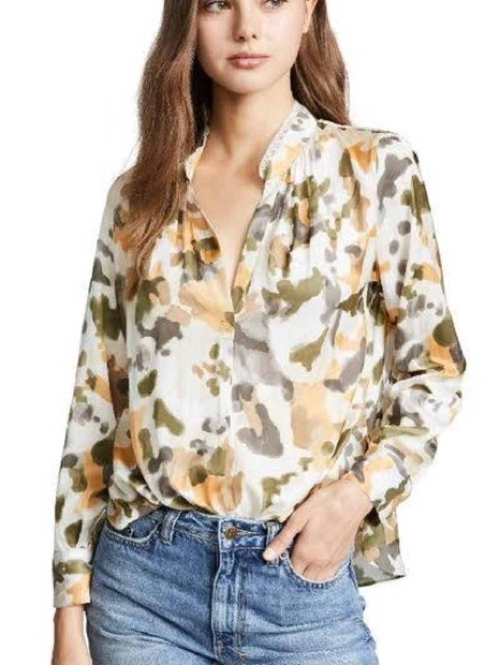 Zadig & Voltaire Tink Camo Satin Blouse V-Neck Size M GUC